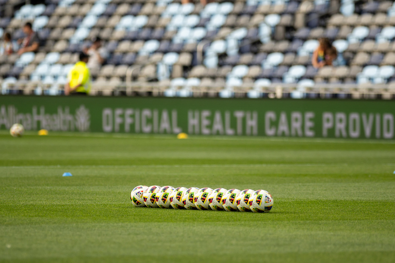 Soccer balls on the field at Allianz Field