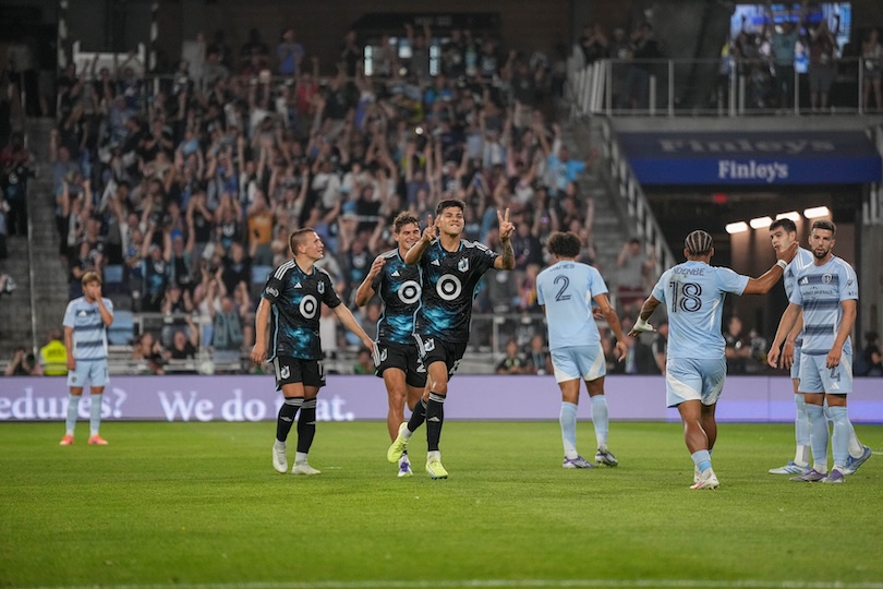Loons defender Anthony Markanich scores his second goal of the game