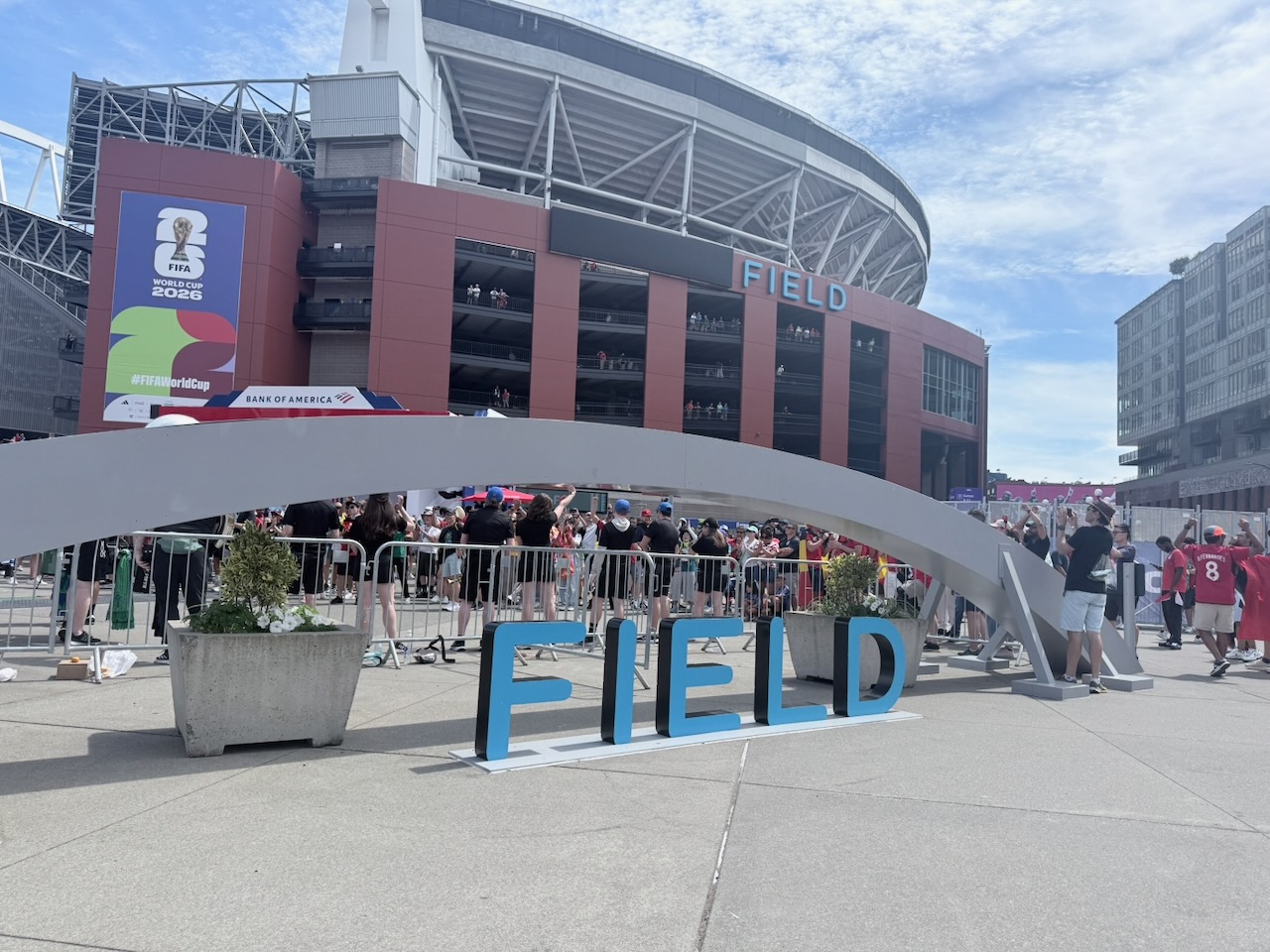 A picture of the Lumen Field sign outside Lumen Field, with the word 'Lumen' removed because of FIFA sponsorship reasons, making it appear that the game was taking place at a stadium called Field